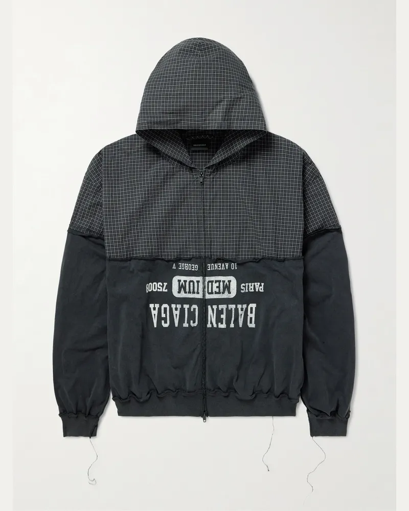 Balenciaga Distressed Logo-Print Checked Cotton-Twill and Jersey Hooded Jacket Black