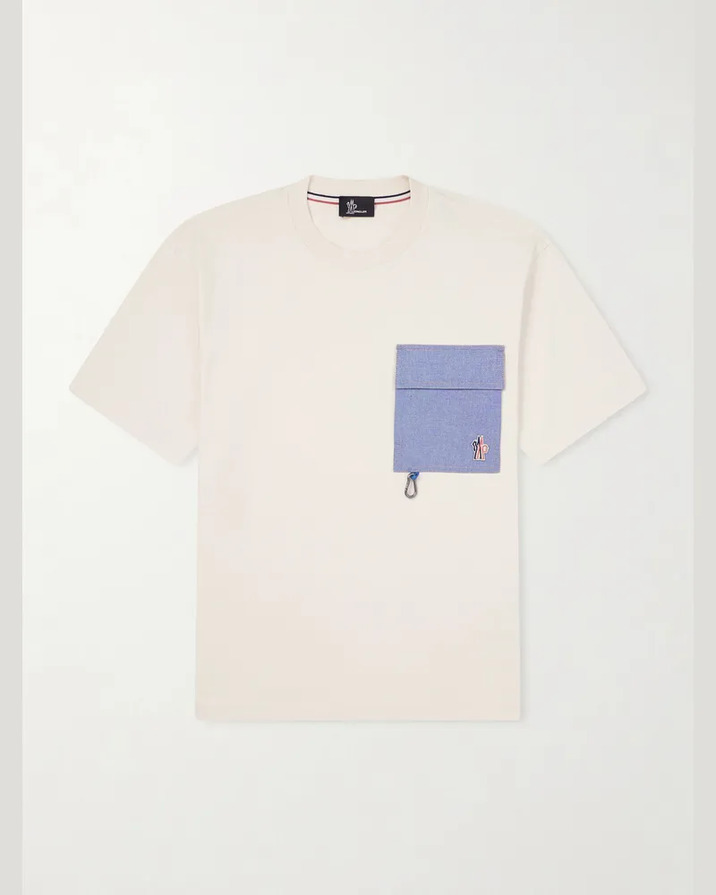 Moncler Logo-Appliquéd Chambray-Trimmed Stretch Cotton-Jersey T-Shirt Neutrals