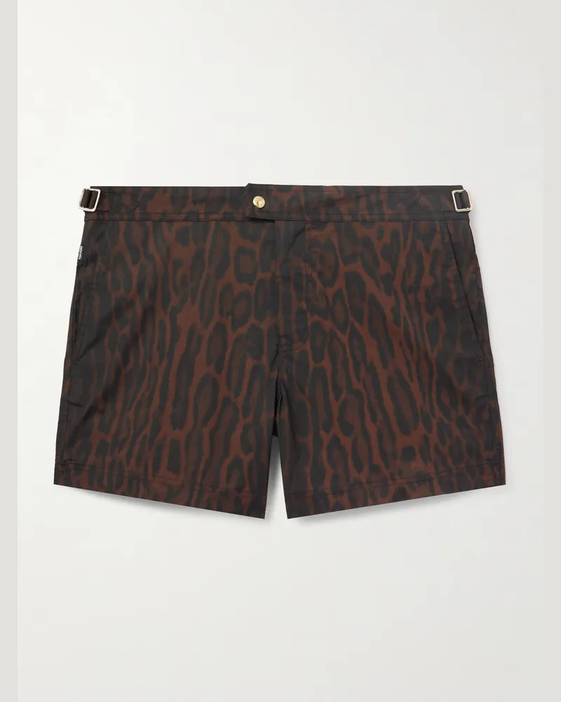 Tom Ford Straight-Leg Mid-Length Ocelot-Print Swim Shorts Brown