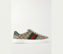 Ace Leather and Webbing-Trimmed Monogrammed Canvas Sneakers