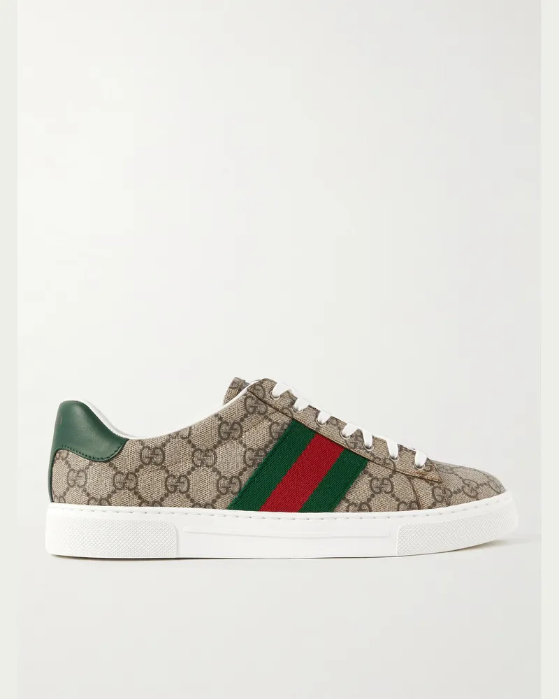 Gucci Ace Leather and Webbing-Trimmed Monogrammed Canvas Sneakers Brown