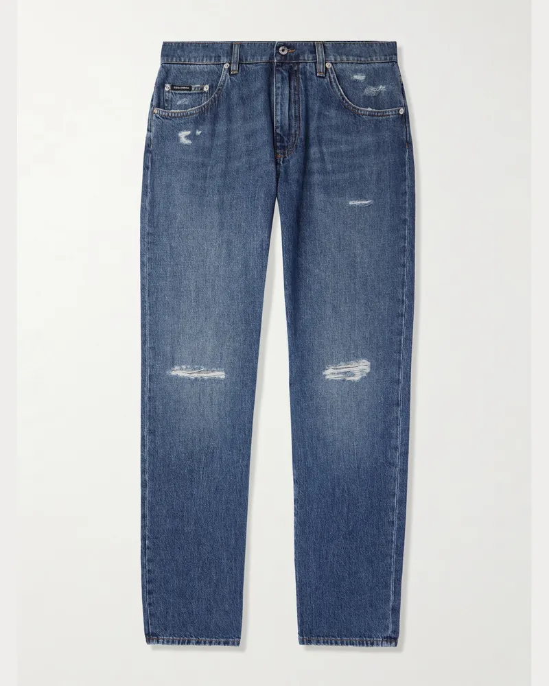 Dolce & Gabbana Gerade geschnittene Jeans mit Logoapplikation und Distressed-Details Blau