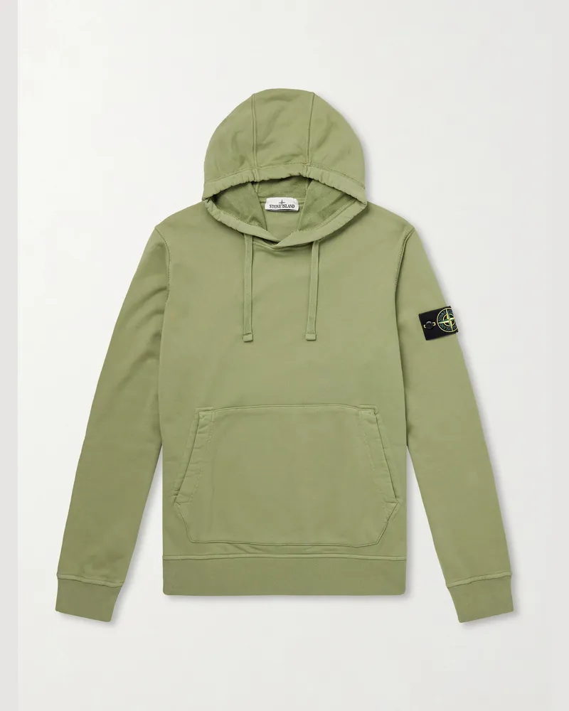 Stone Island Logo-Appliquéd Garment-Dyed Cotton-Fleece Hoodie Green