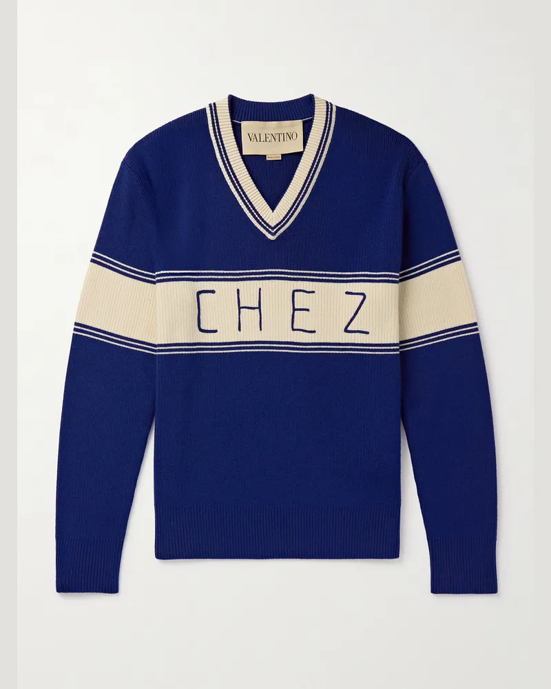 Valentino Garavani Embroidered Striped Virgin Wool and Cotton-Blend Sweater Blue