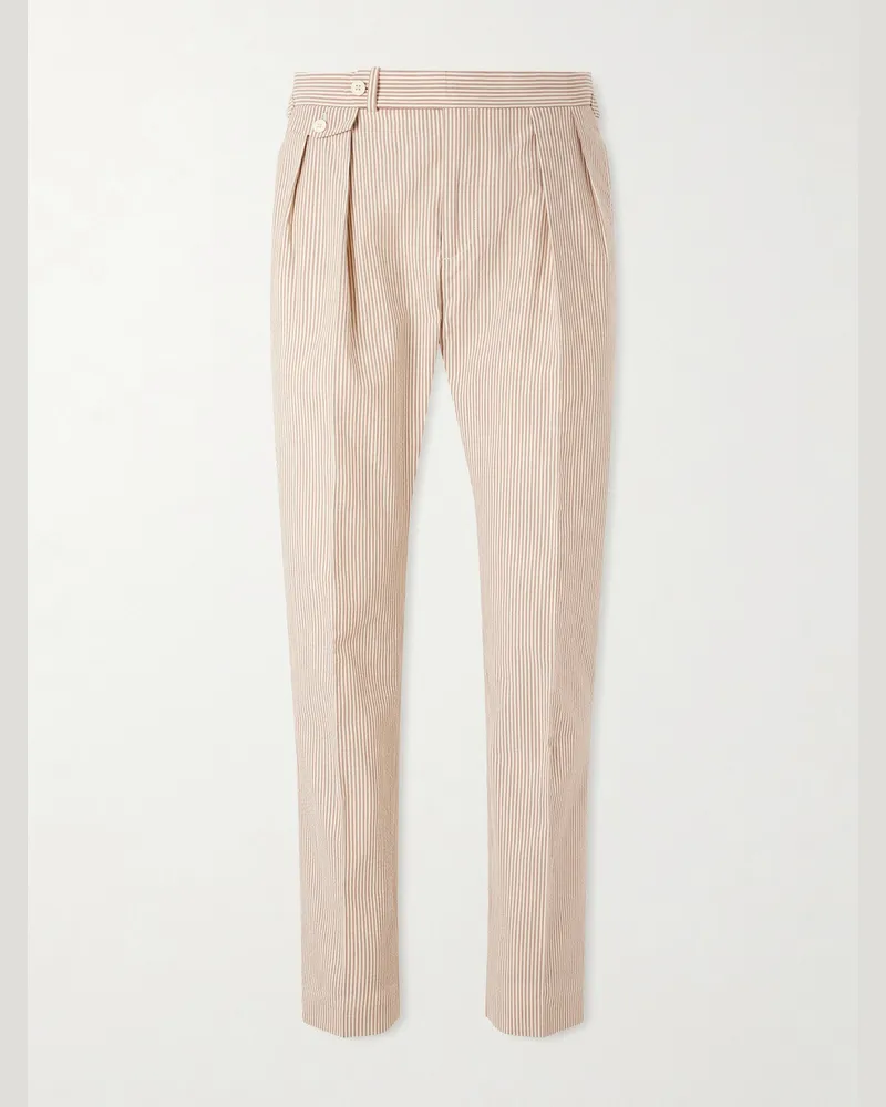 Ralph Lauren Straight-Leg Pleated Striped Cotton-Seersucker Suit Trousers Brown