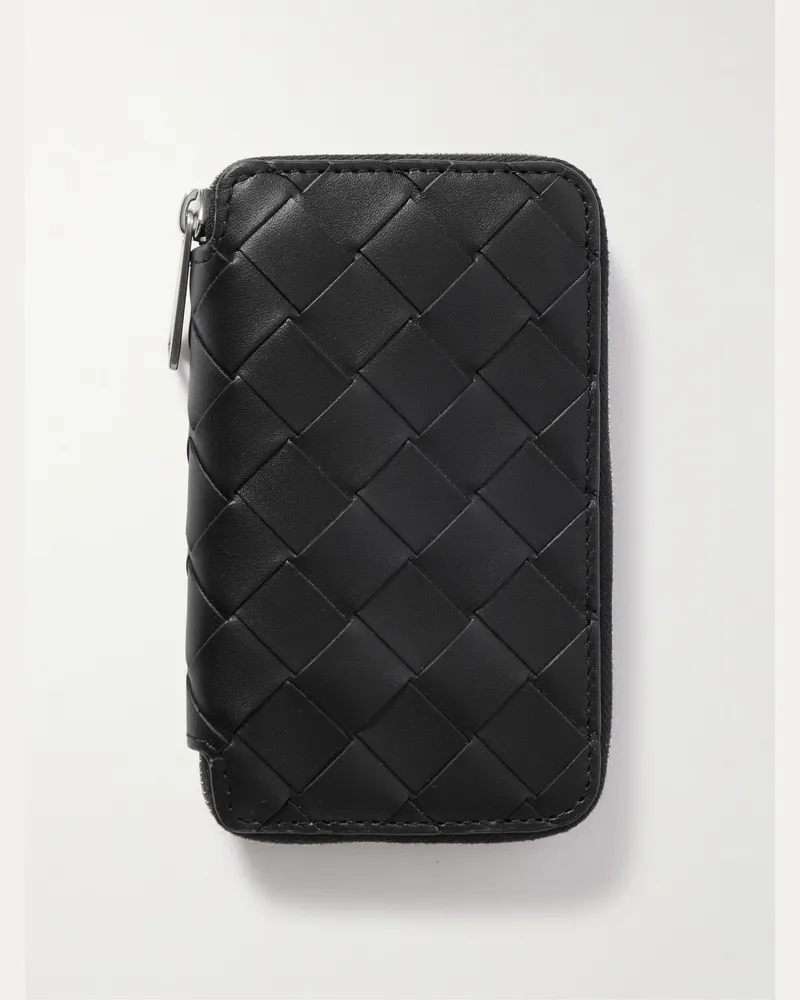 Bottega Veneta Schlüsseletui aus Intrecciato-Leder mit Reißverschluss über drei Seiten Schwarz