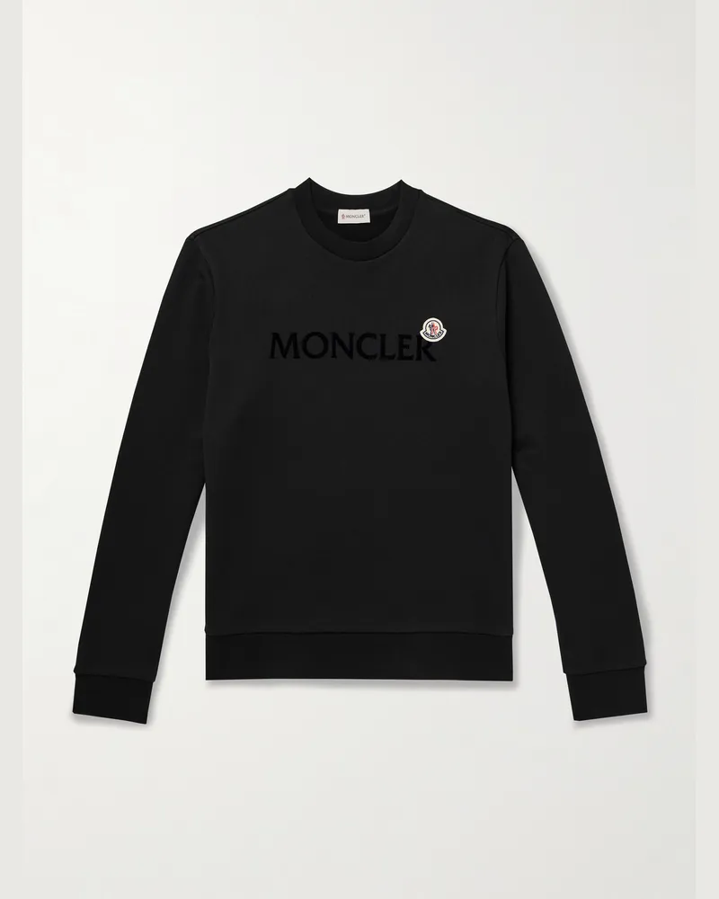 Moncler Sweatshirt aus Baumwoll-Jersey mit Logoflockdruck und Applikation Schwarz