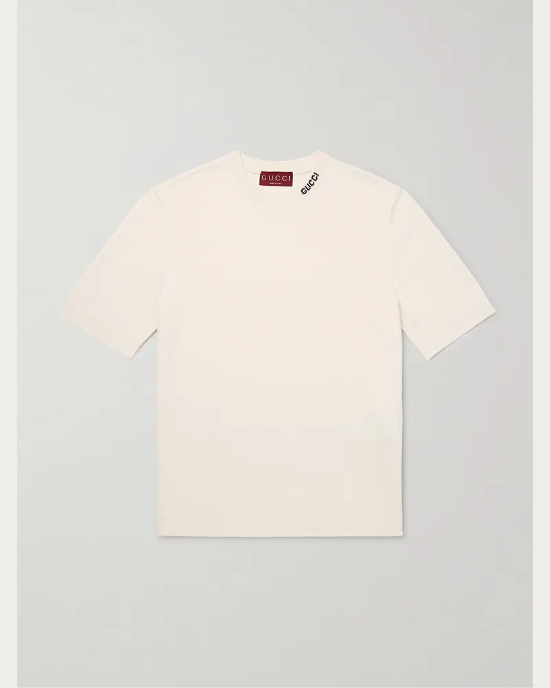 Gucci Logo-Intarsia Silk and Cotton-Blend T-Shirt Neutrals