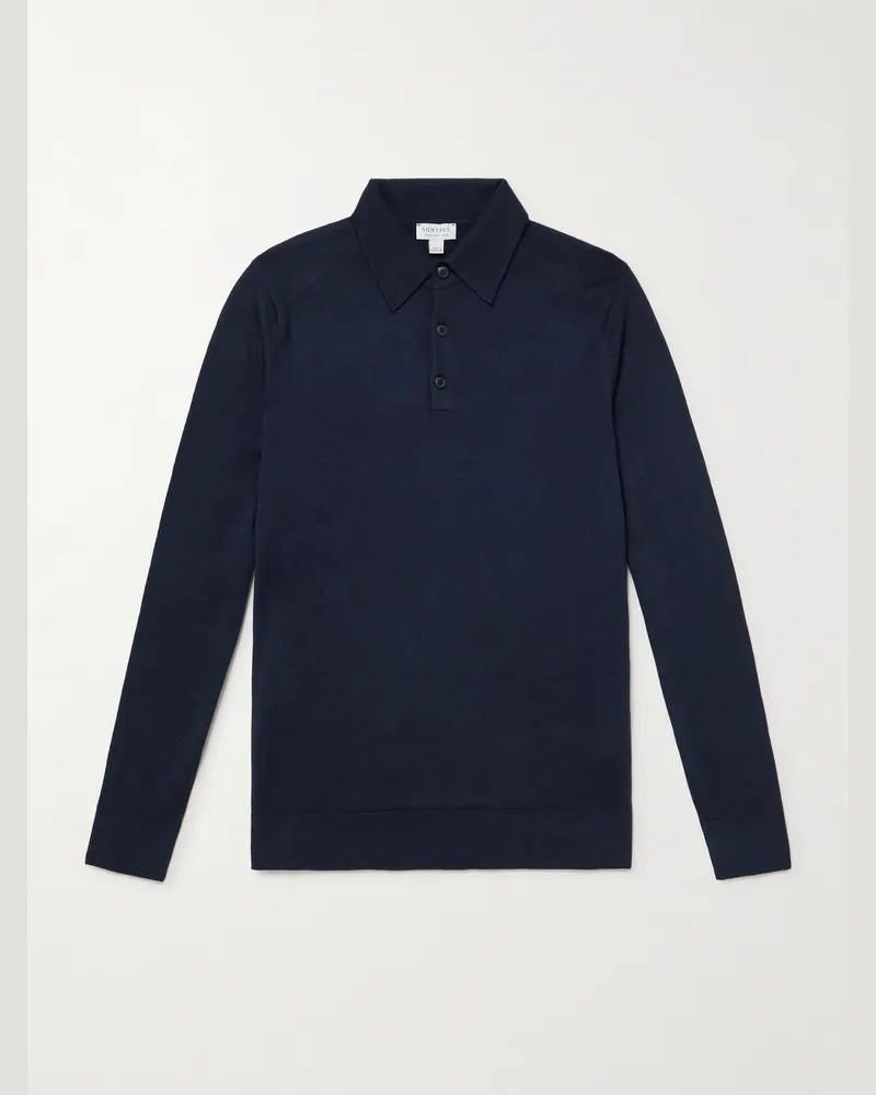 Sunspel Slim-Fit Merino Wool Polo Shirt Blue