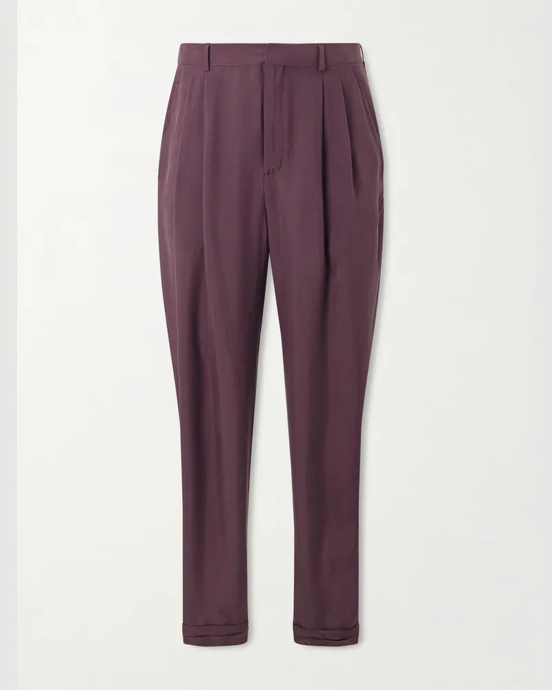 Saint Laurent Schmal zulaufende Hose aus Seide mit Falten und Gürtel Lila