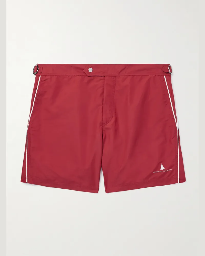 Brunello Cucinelli Gerade geschnittene mittellange Badeshorts mit Logoprint Rot