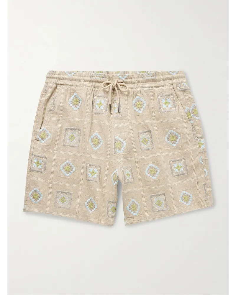 NN 07 Gregor 5398 gerade geschnittene Shorts aus einer Leinenmischung mit Kordelzugbund und Stickereien Neutral