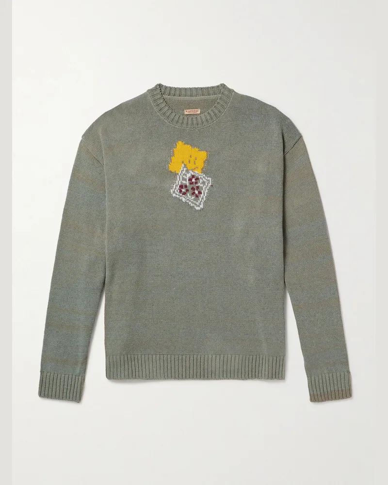 KAPITAL Peckish Rainbowy Intarsia Cotton-Blend Sweater Gray