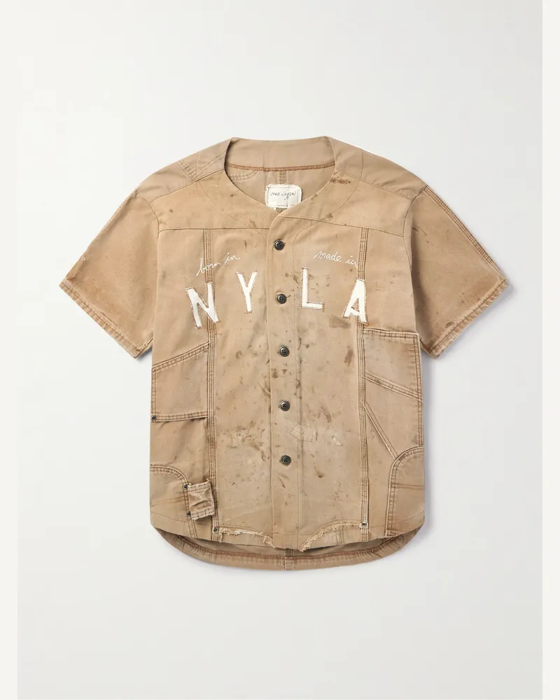 Greg Lauren Hemd aus Baumwoll-Canvas mit Stickerei, Applikation und Fransen in Distressed-Optik Braun