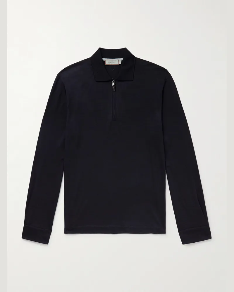 Canali Wool Half-Zip Polo Shirt Blue