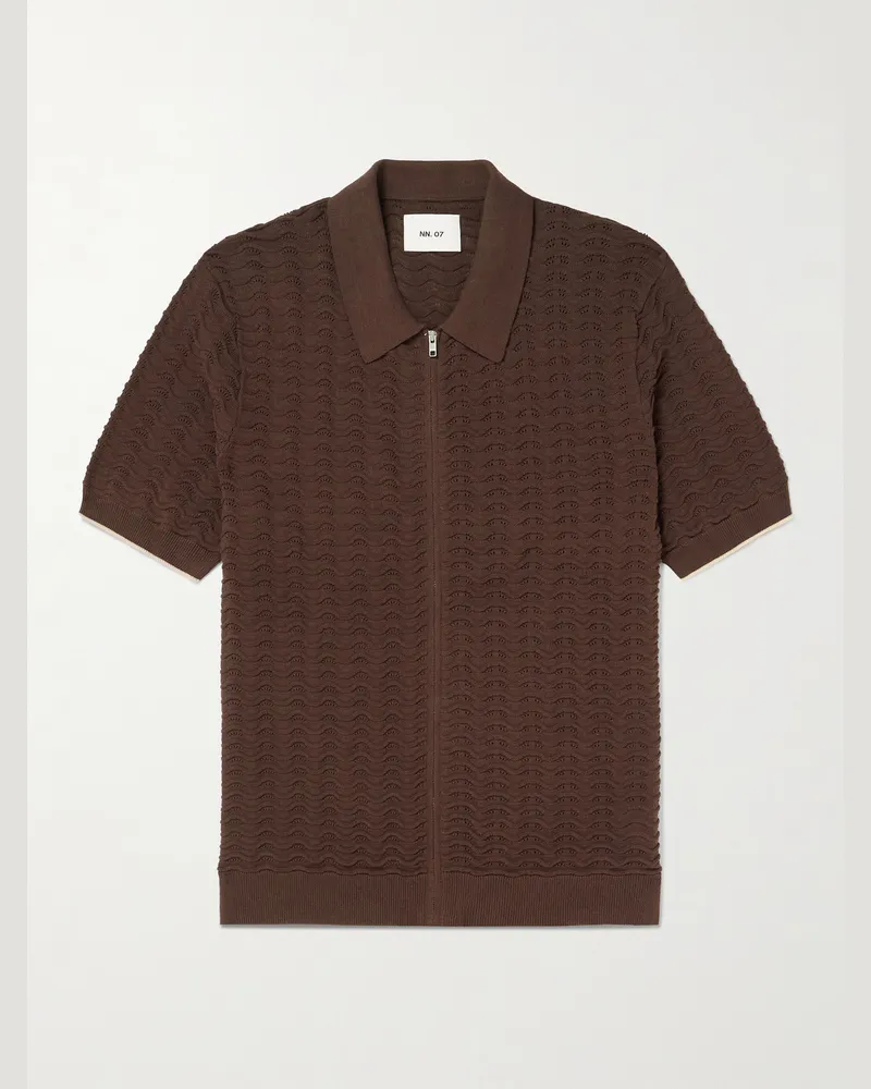 NN 07 Gustav 6636 Textured-Knit Organic Cotton Zip-Up Polo Shirt Brown