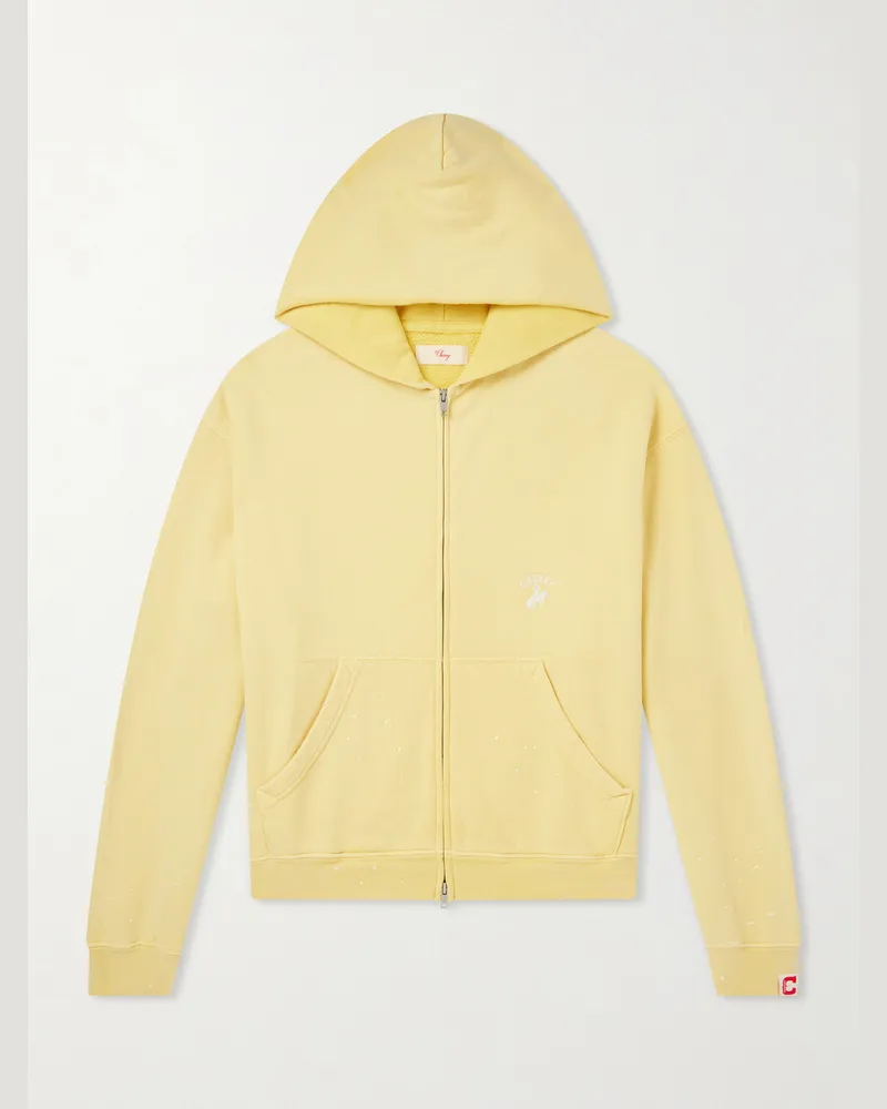 Cherry Los Angeles Logo-Embroidered Paint-Splattered Cotton-Jersey Hoodie Yellow