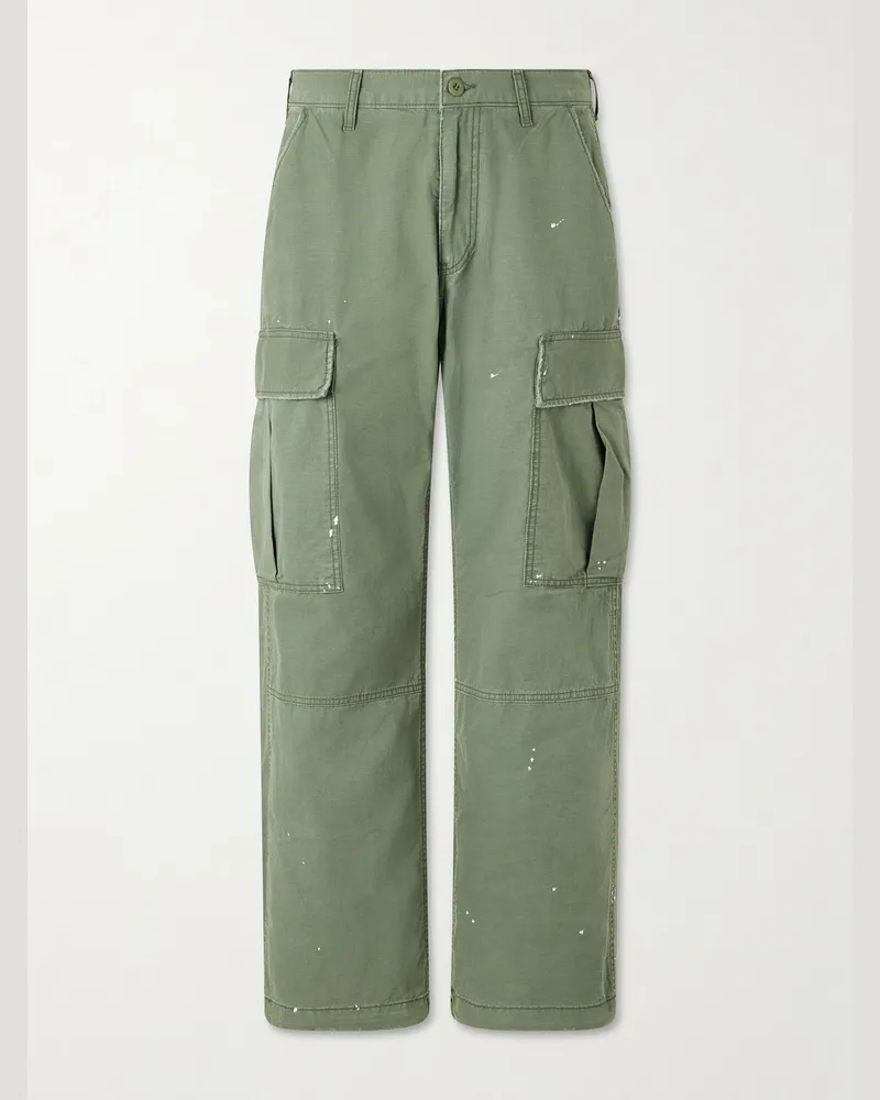 Cherry Los Angeles Wide-Leg Paint-Splattered Cotton-Ripstop Cargo Trousers Green