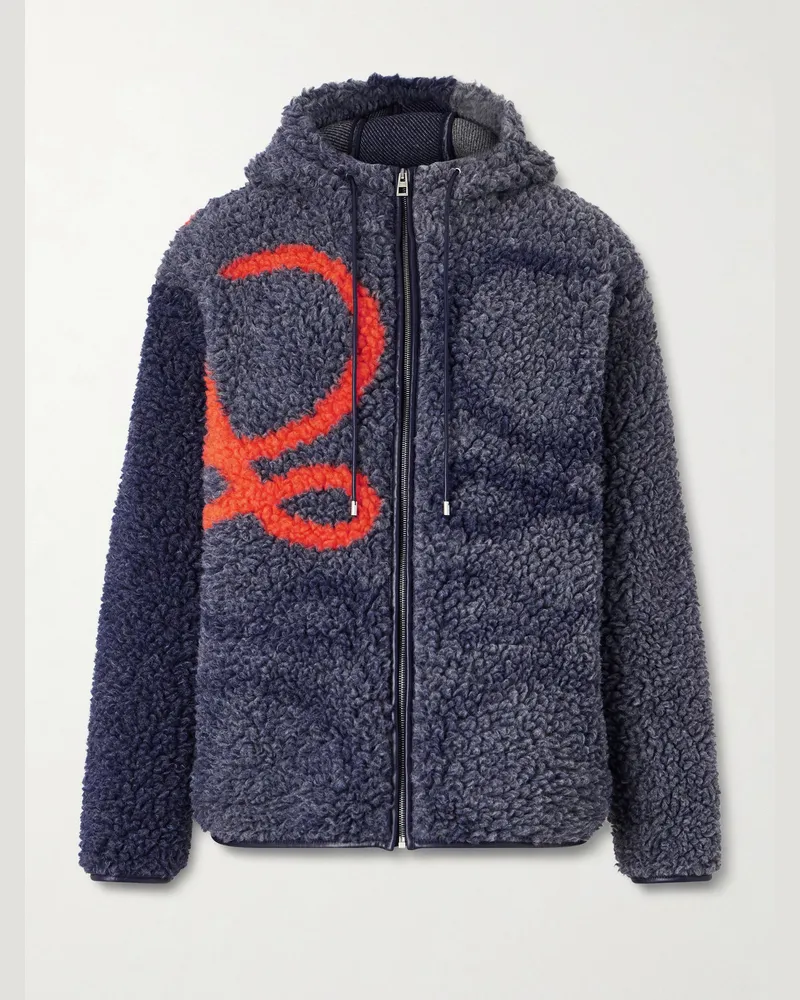 Loewe Leather-Trimmed Fleece-Jacquard Hooded Jacket Blue