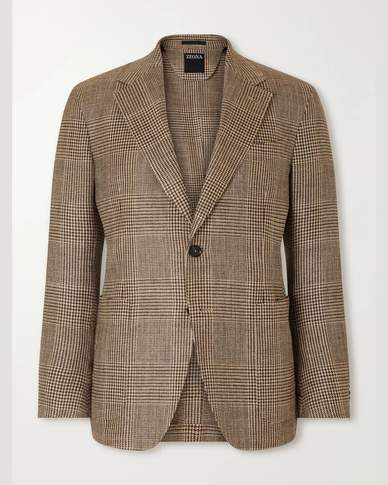 Ermenegildo Zegna Houndstooth Linen, Silk and Wool-Blend Blazer Brown