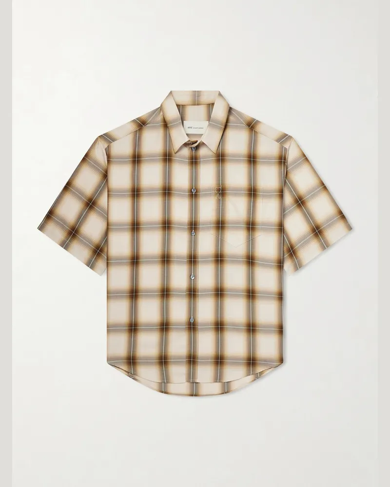 AMI Paris Logo-Embroidered Checked Lyocell Shirt Neutrals