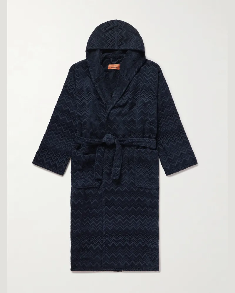 Missoni Home Chalk Striped Cotton-Terry Jacquard Hooded Robe Blue