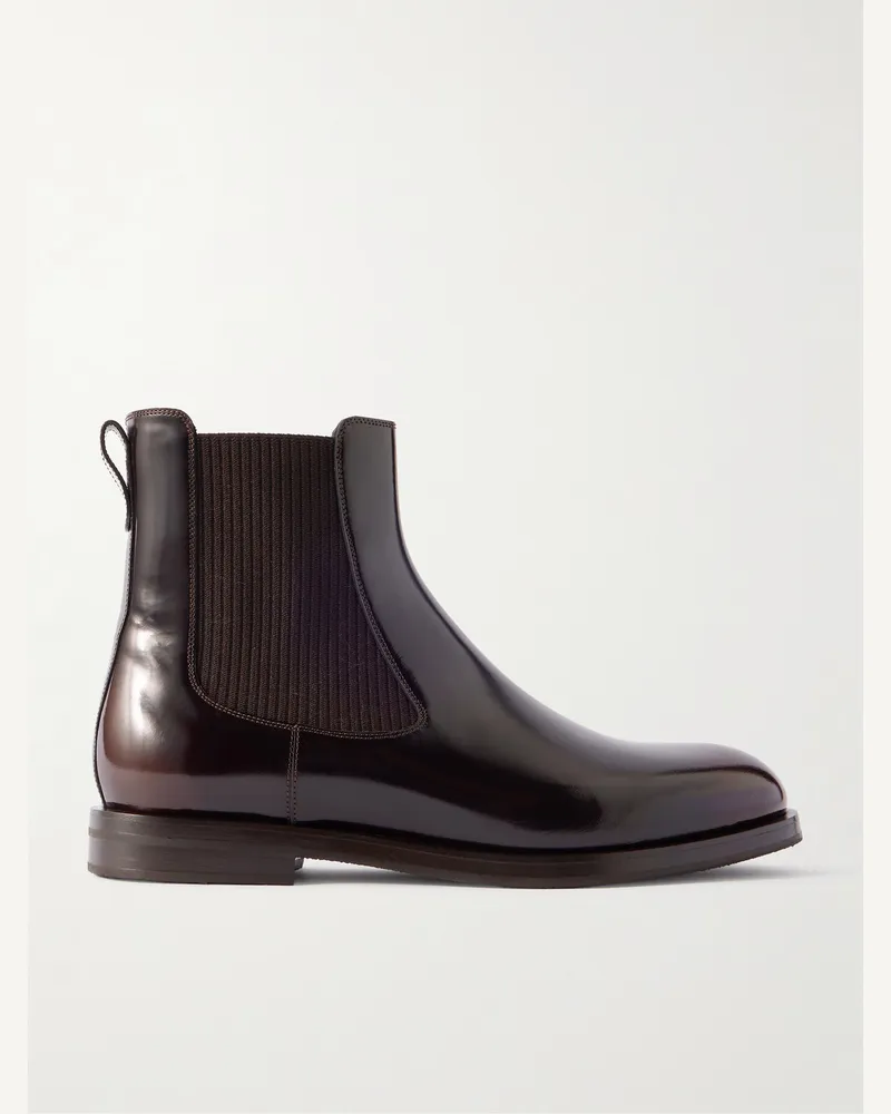 Manolo Blahnik Sempione Manny Chelsea Boots aus glänzendem Leder Braun