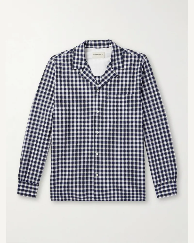 Officine Generale Luis Hemd aus Baumwoll-Seersucker mit Gingham-Karo und wandelbarem Kragen Blau