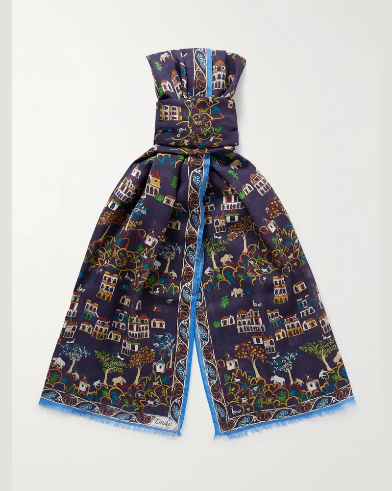 Drake's Tuch aus einer Woll-Seidenmischung mit Print und Fransen Blau