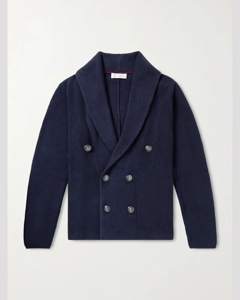 Brunello Cucinelli Shawl-Collar Double-Breasted Ribbed Cotton Cardigan Blue