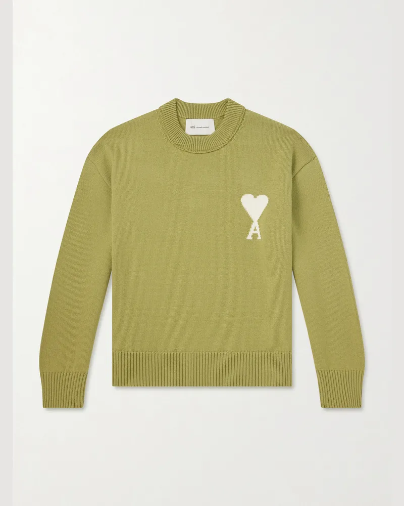 AMI Paris Pullover aus einer Schurwoll-Baumwollmischung mit Intarsienlogomotiv Grün