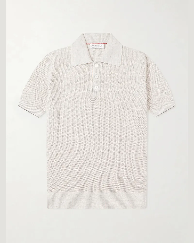 Brunello Cucinelli Ribbed Linen and Cotton-Blend Polo Shirt Neutrals