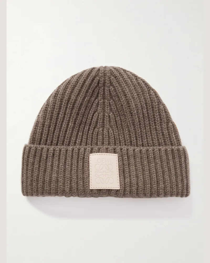 Loewe Logo-Appliquéd Ribbed Cashmere Beanie Brown