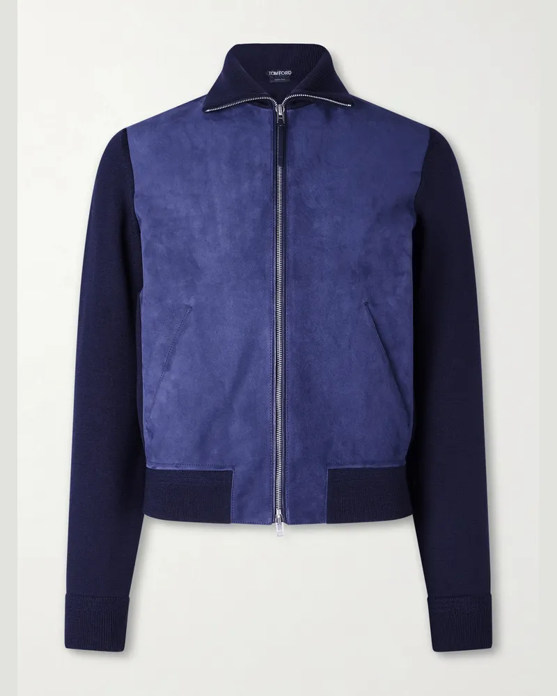 Tom Ford Slim-Fit Merino Wool-Blend and Suede Bomber Jacket Blue