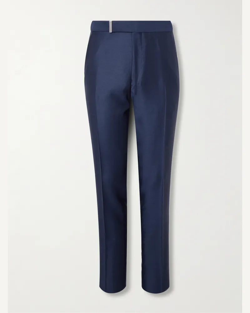 Tom Ford Dyllan Straight-Leg Wool, Mohair and Silk-Blend Twill Trousers Blue