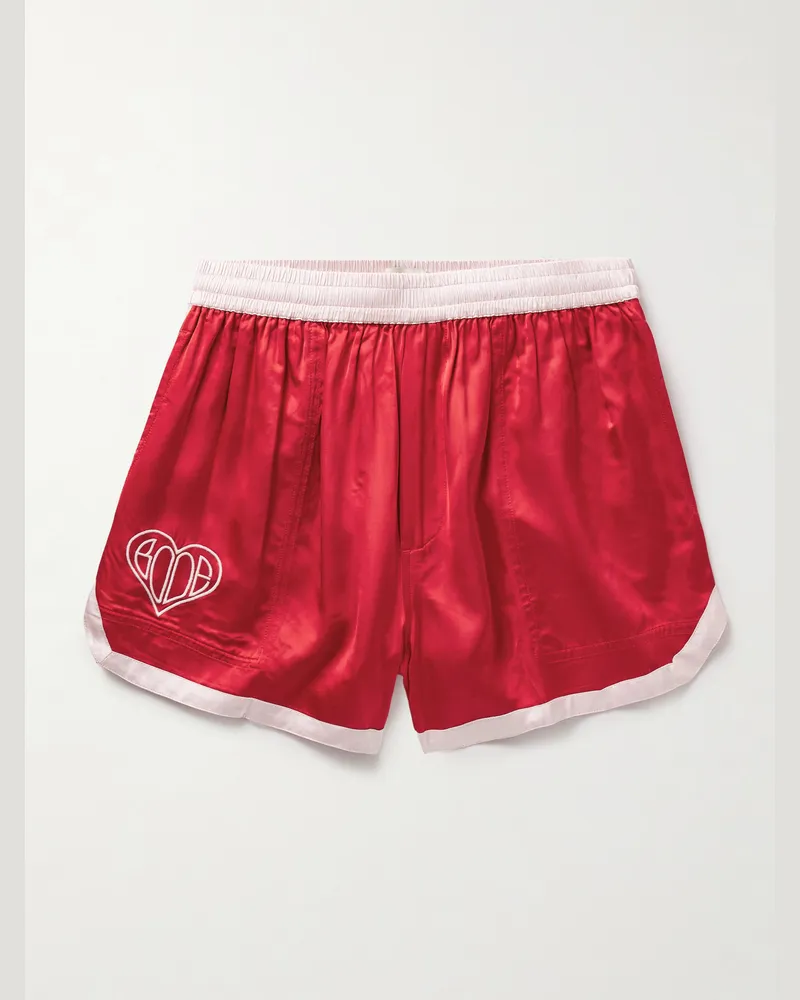 BODE Weit geschnittene zweifarbige Shorts aus Satin mit Logostickerei Rot