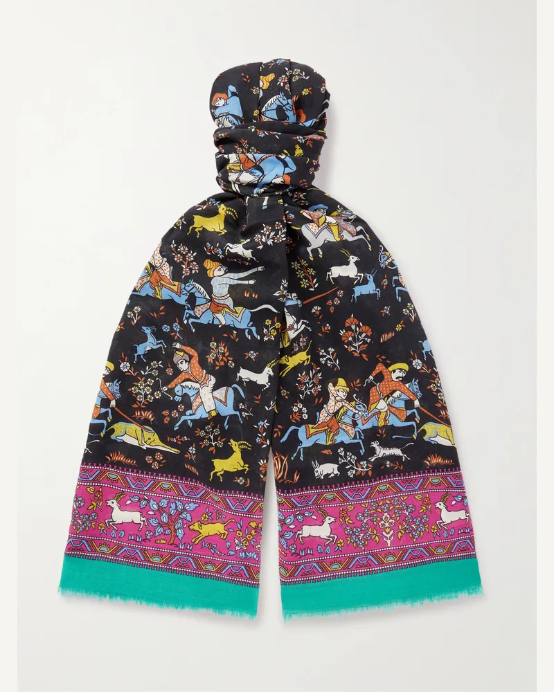 Drake's HIM Mughal Tuch aus einer Woll-Seidenmischung mit Print und Fransen Schwarz