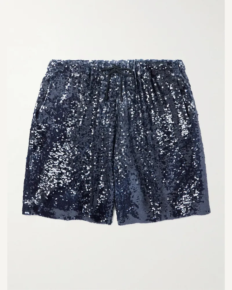 Dries van Noten Straight-Leg Sequinned Crepe Drawstring Bermuda Shorts Blue