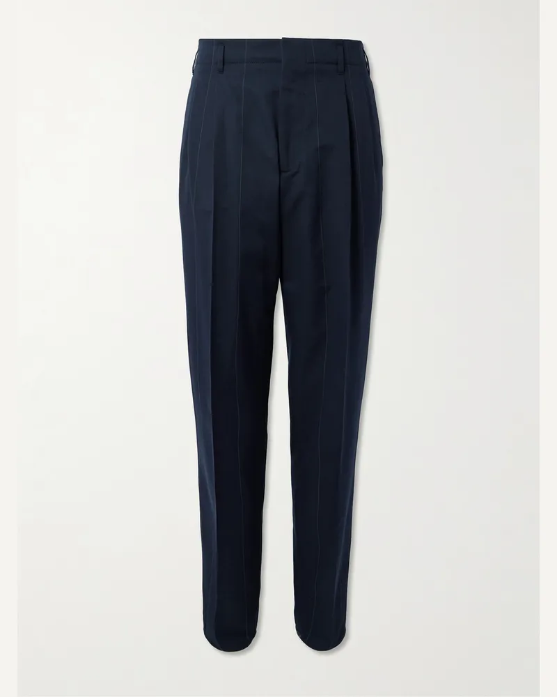 Brunello Cucinelli Schmal zulaufende Hose aus einer Woll-Baumwollmischung mit Nadelstreifen und Falten Blau