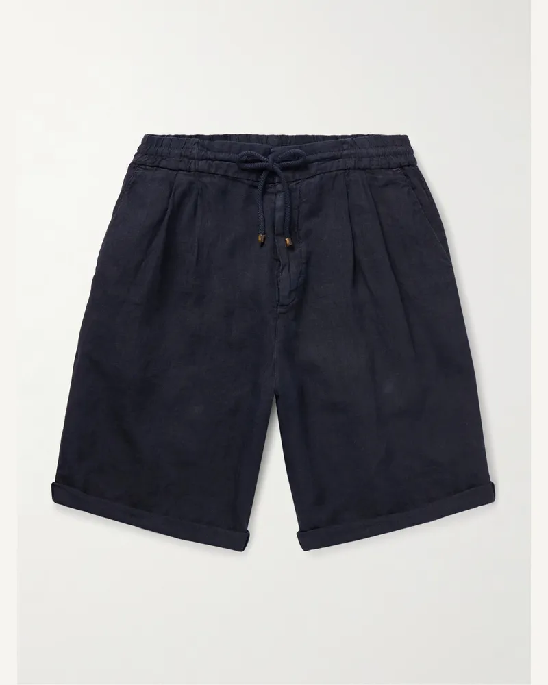 Brunello Cucinelli Straight-Leg Pleated Linen Drawstring Bermuda Shorts Blue