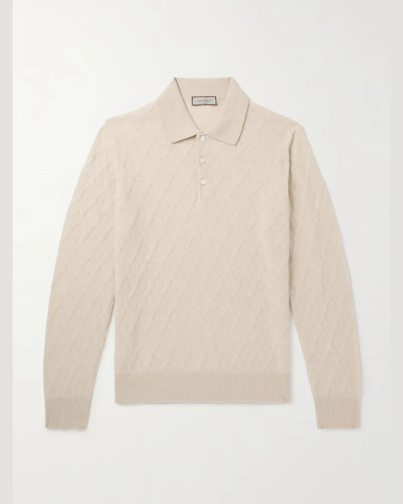 Canali Pullover aus einer Woll-Kaschmirmischung in Zopfstrick mit Polokragen Neutral