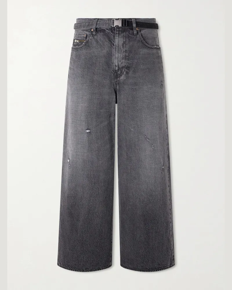 Sacai Beyondexx Weit geschnittene Jeans mit Gürtel in Distressed-Optik Grau