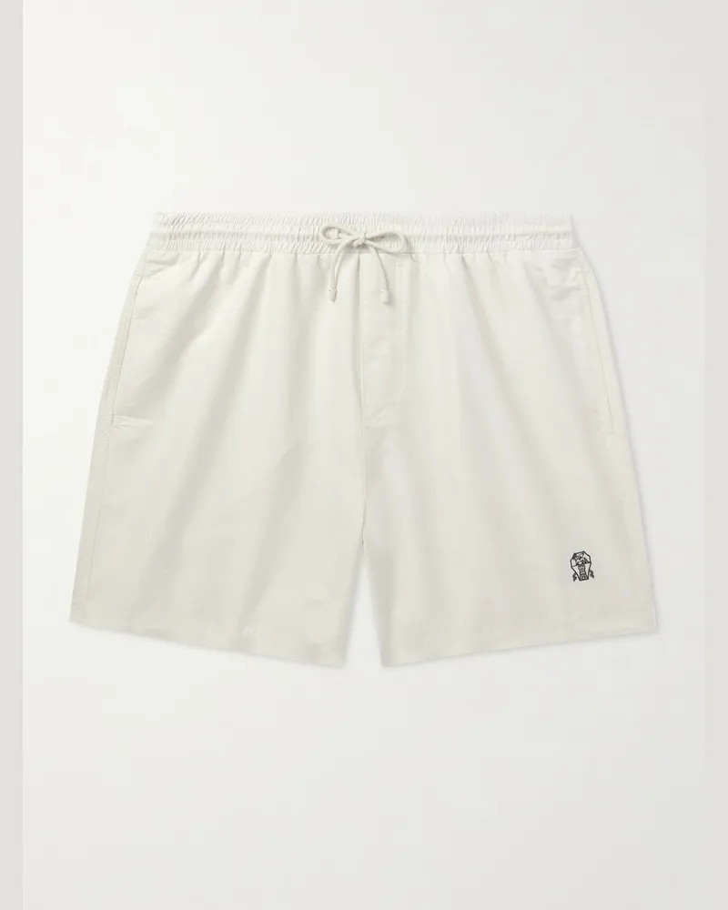 Brunello Cucinelli Gerade geschnittene mittellange Badeshorts mit Logostickerei Weiß