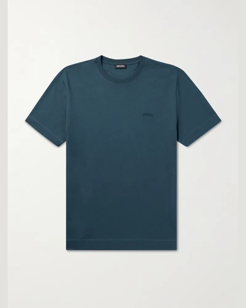Ermenegildo Zegna Schmal geschnittenes T-Shirt aus Baumwoll-Jersey mit Logostickerei Blau