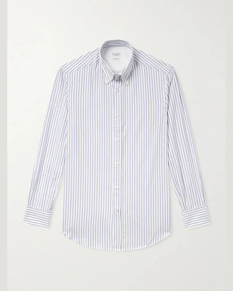 Brunello Cucinelli Hemd aus gestreifter Baumwollpopeline mit Button-Down-Kragen Weiß