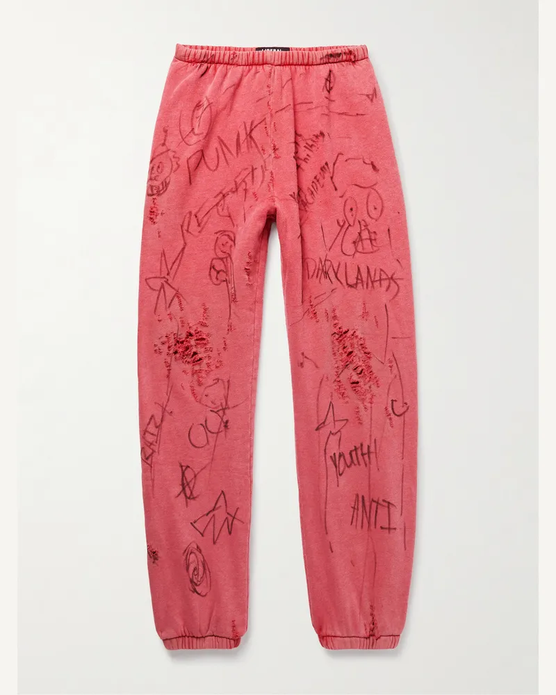Liberal Youth Ministry Juvenile Tapered Distressed Printed Cotton-Blend Jersey Sweatpants Red