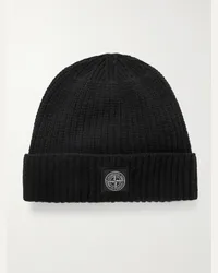 Stone Island Beanie aus Wolle in Rippstrick mit Logoapplikation Schwarz