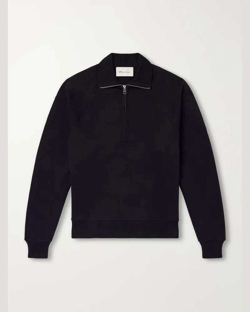 AMI Paris Logo-Embroidered Cotton-Jersey Half-Zip Sweatshirt Black