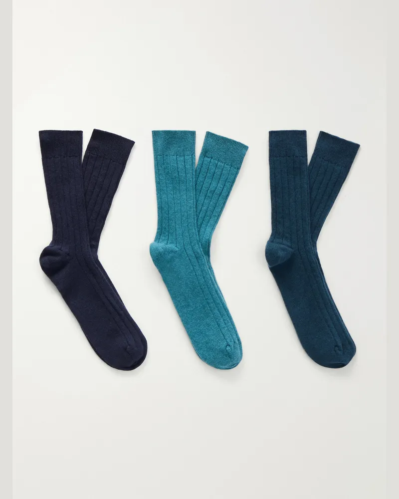 Johnstons of Elgin Set of Three Ribbed-Knit Cashmere-Blend Socks Blue