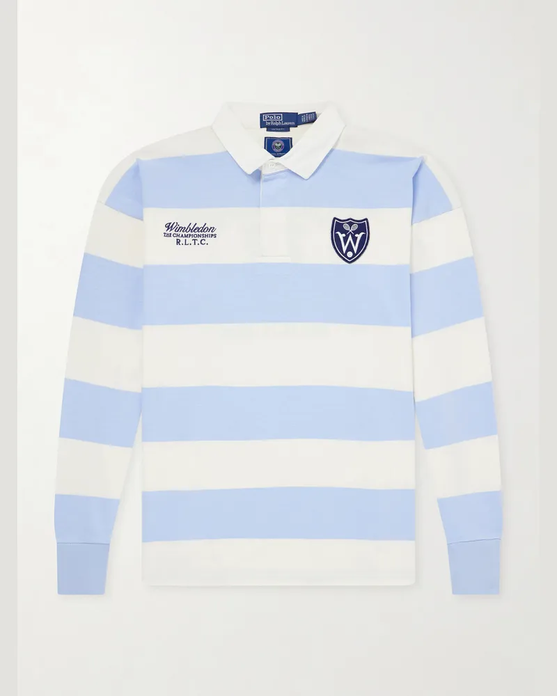 Ralph Lauren Wimbledon Logo-Embroidered Striped Cotton Rugby Polo-Shirt Blue